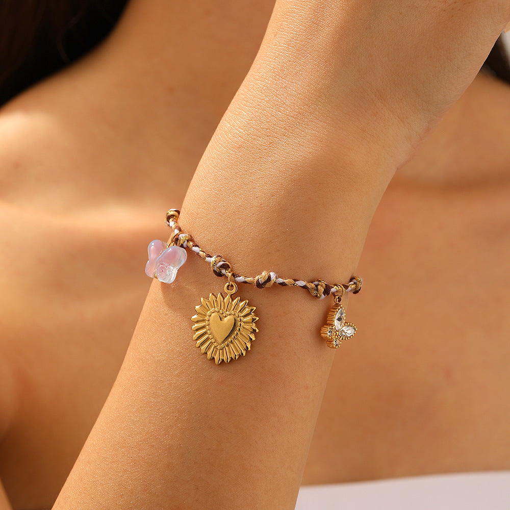 Bohemian Vintage Gold Plated Stainless Steel Bracelet with Heart Floral Butterfly Round Square Charms