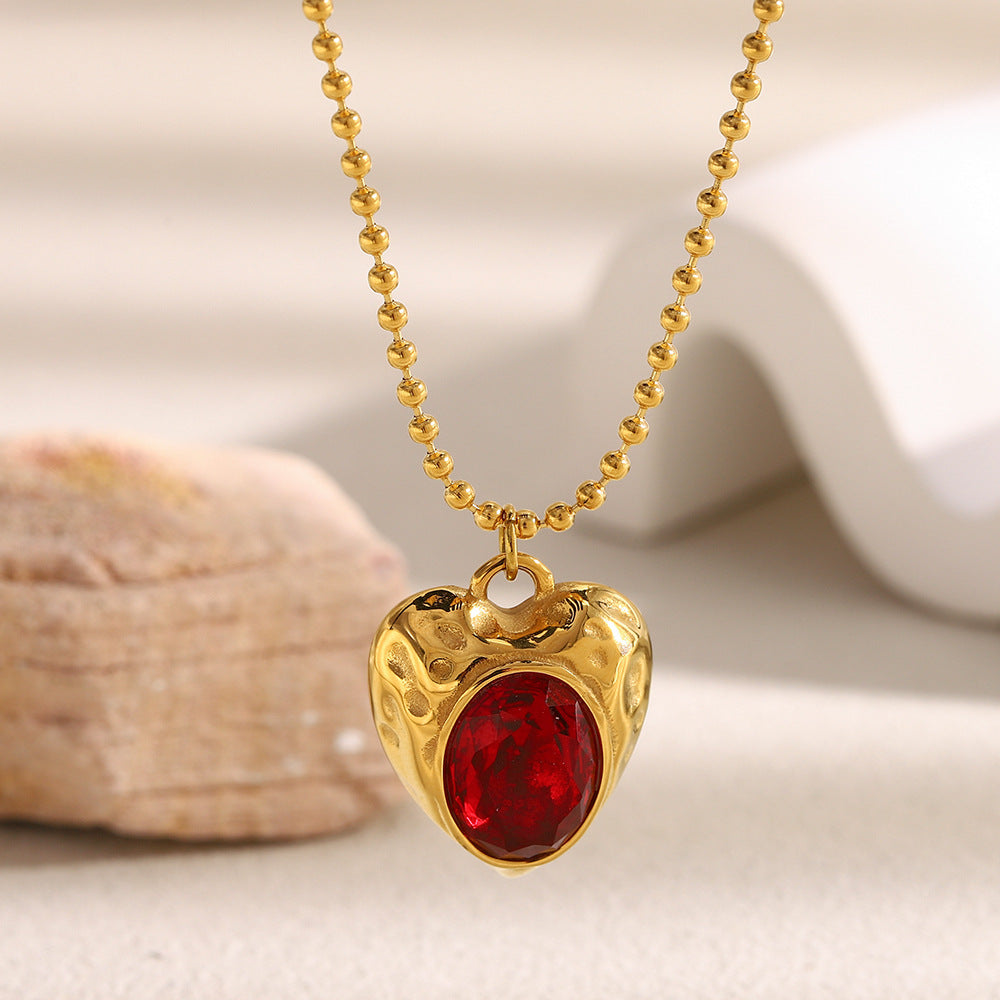 Luxury Vintage French-Style Stainless Steel 18K Gold Plated Ruby Heart Pendant Necklace with Beaded Chain
