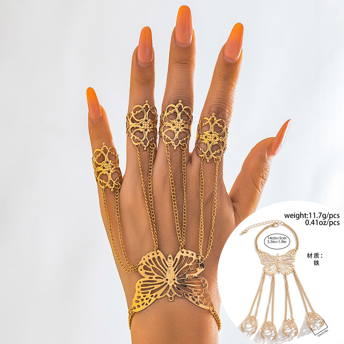 Gothic Style Geometric Pendant Finger Bracelet with Tassel and Chain Detail for Women