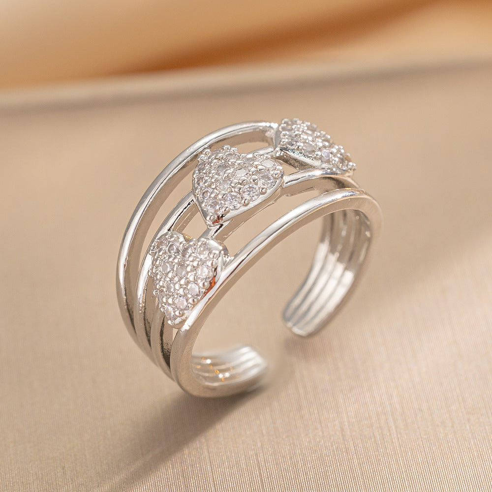 Luxury Minimalist Adjustable Open Ring for Women with Gold-Plated Copper Band and Zircon Stone Accent in Heart and Floral Shape