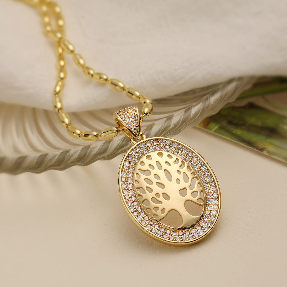 Minimalist Geometric Tree of Life Pendant Necklace in Copper with 18K Gold Plating and Zircon Accents