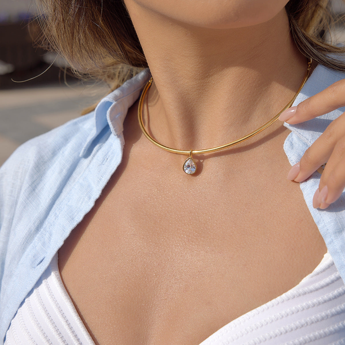 Minimalist Geometric Round Stainless Steel PVD Cubic Zirconia Pendant Necklace for Women