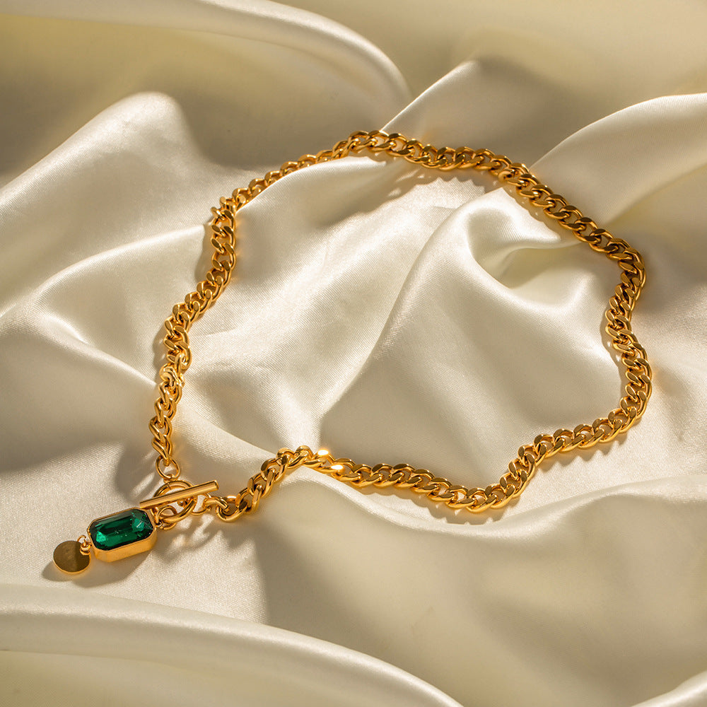 Collana con ciondolo geometrico di strass verdi in stile vintage, in acciaio al titanio con finitura placcata per donna e uomo