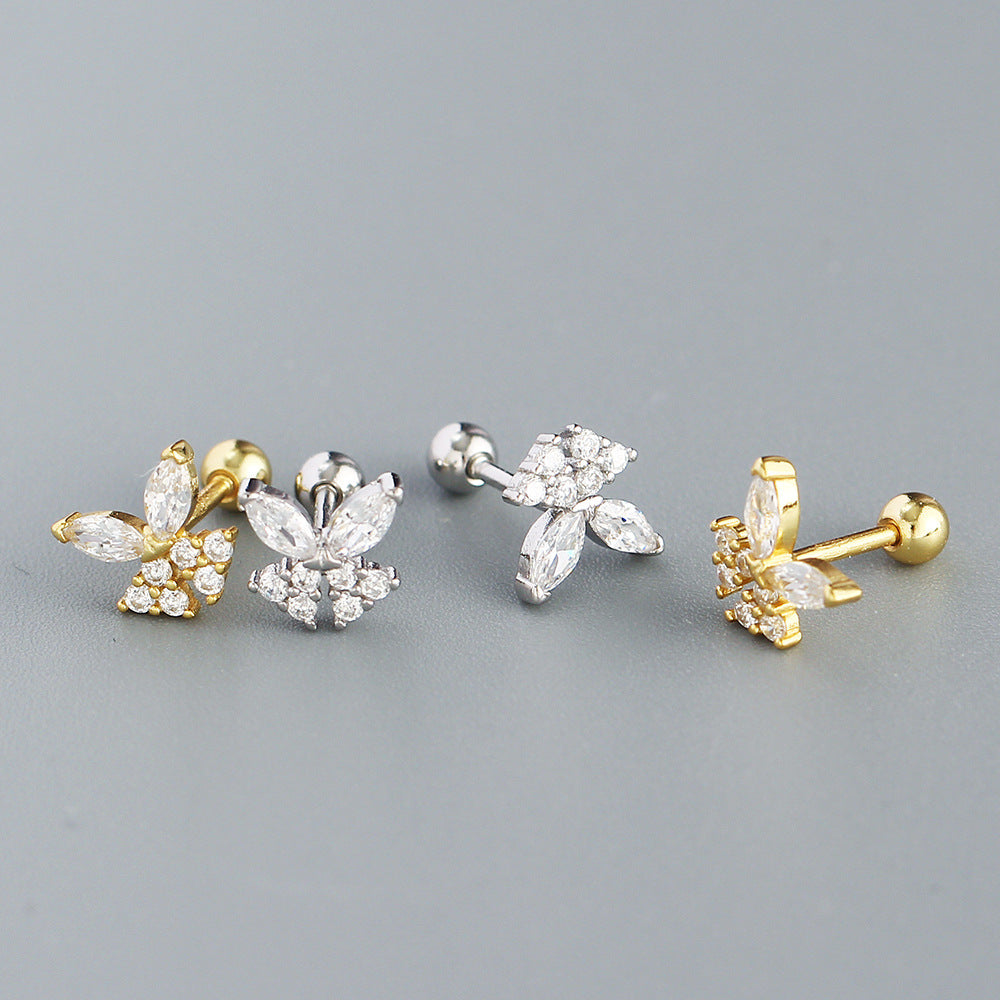 Sweet-Edgy Butterfly-Shaped S925 Sterling Silver Stud Earrings with Rhinestone Inlay for Women