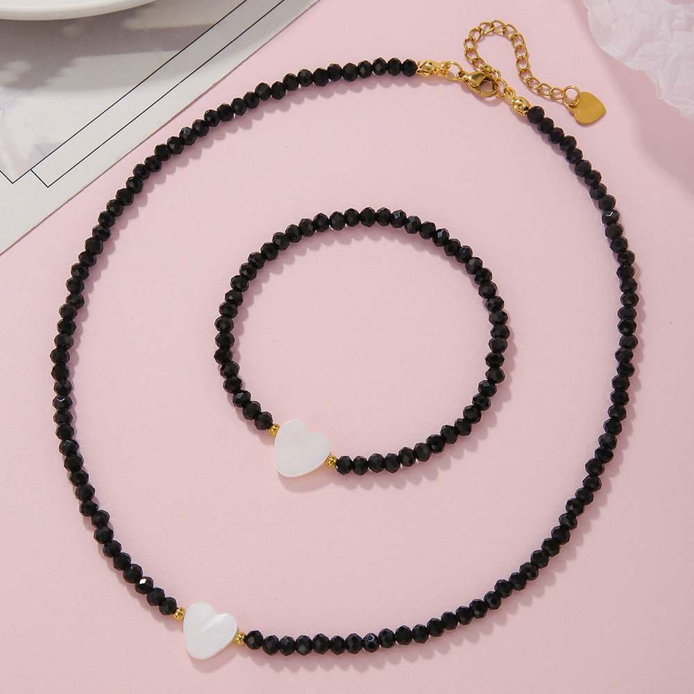 Bohemian Style Heart-Shaped Shell and Glass Bead Necklace with Stainless Steel O-Chain for Women