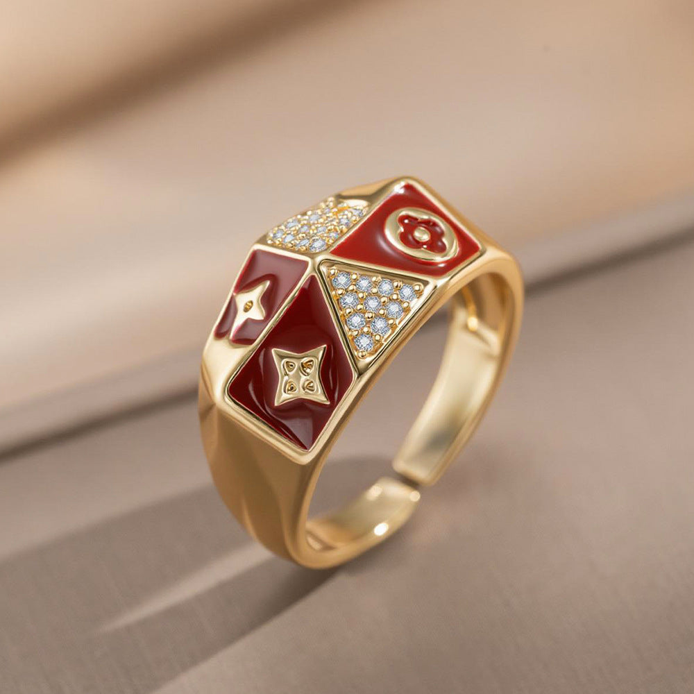 Fashion Luxury Geometric Irregular Enamel Zircon 18K Gold Plated PVD Copper Open Ring for Unisex