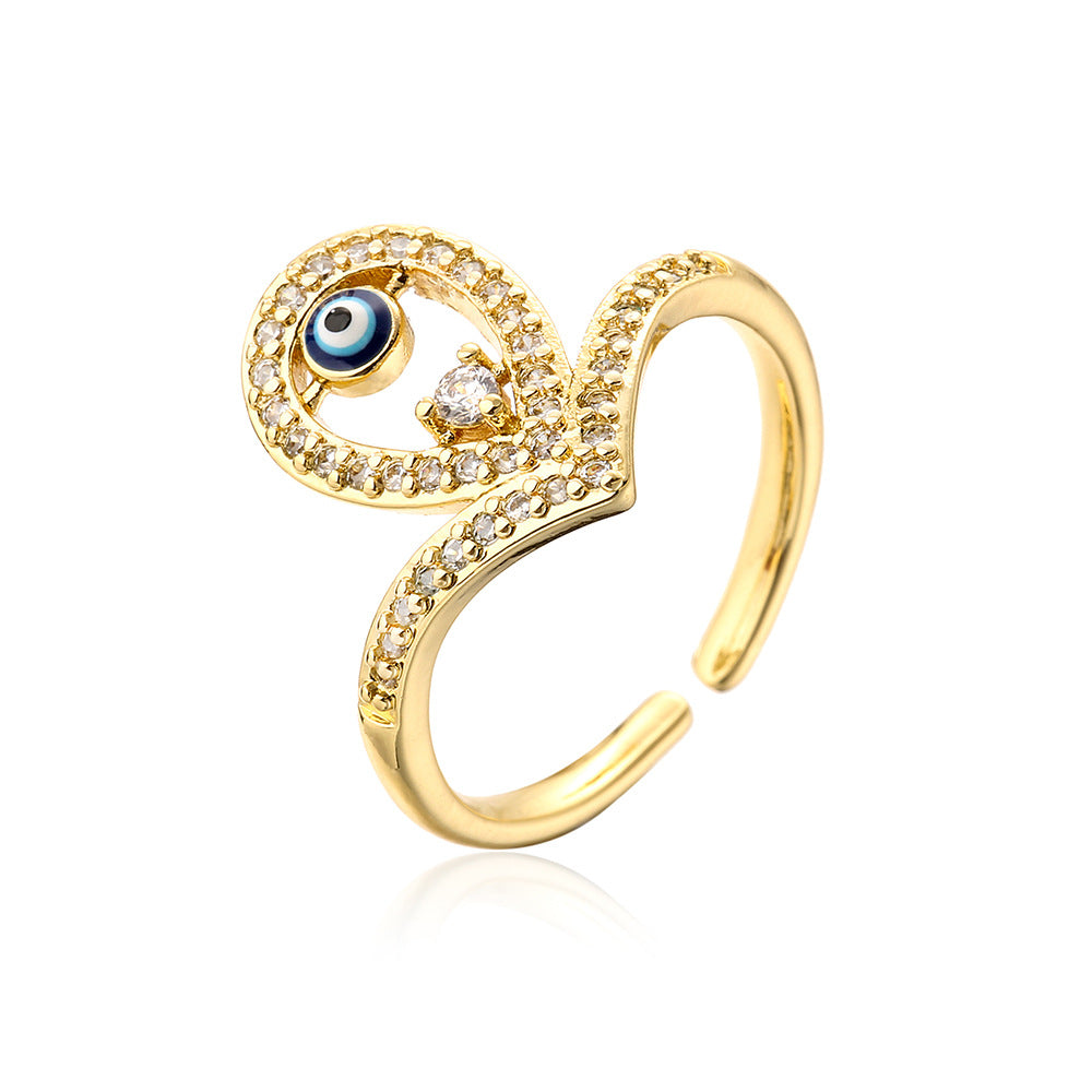 Anello Geometrico a Occhio Aperto da Donna in Rame con Placcatura in Oro 18K e Finitura Smaltata con Intarsio in Zirconi