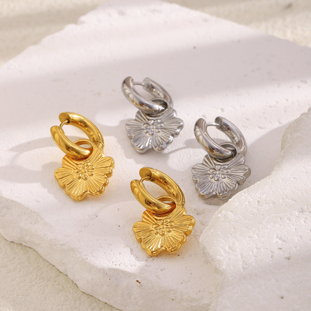 Vintage Lightweight 18K Gold Plated Stainless Steel Floral Geometric Drop Earrings for Women