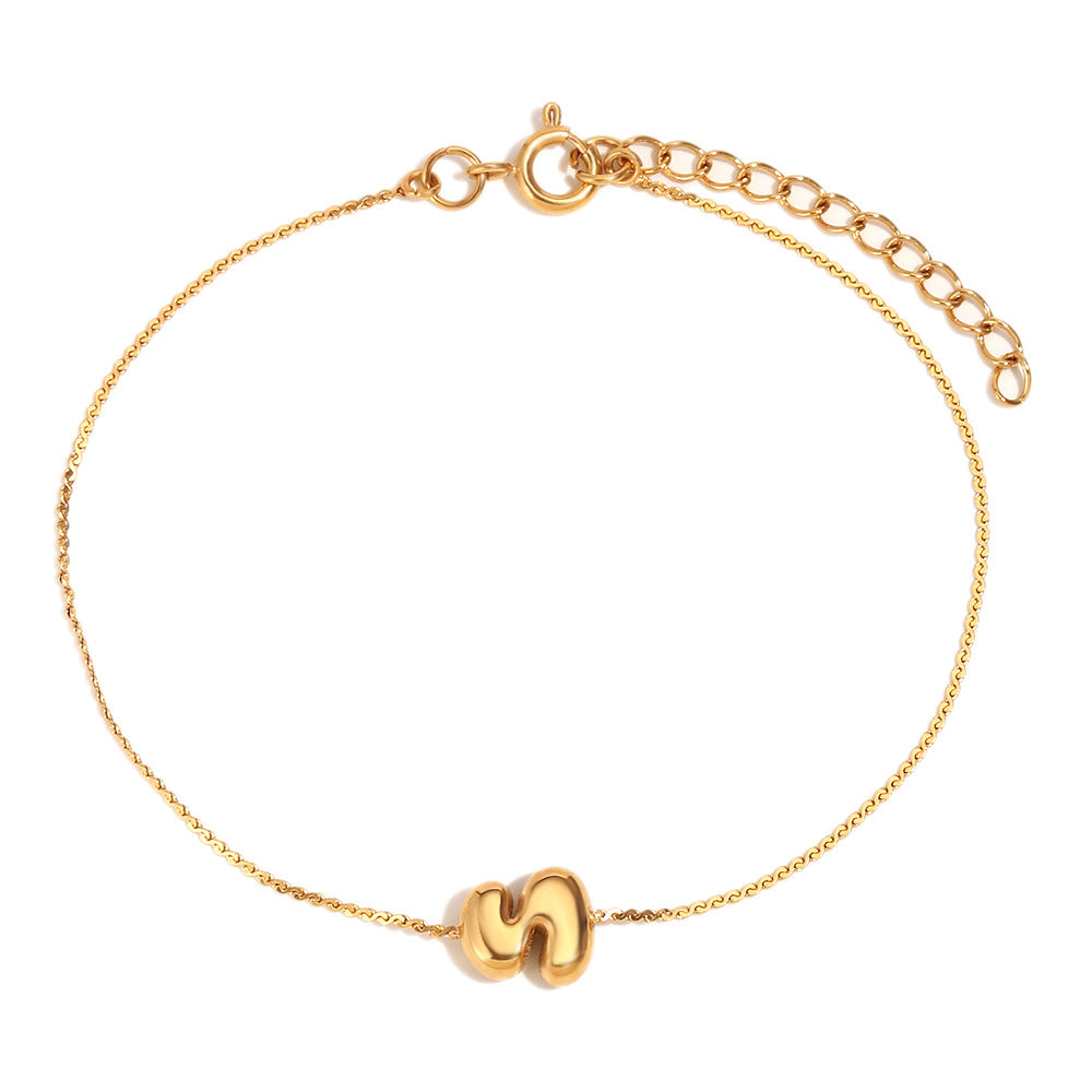 Pulsera de Burbujas para Mujer de Acero Inoxidable con Letra S Minimalista y Chapado en Oro de 18K