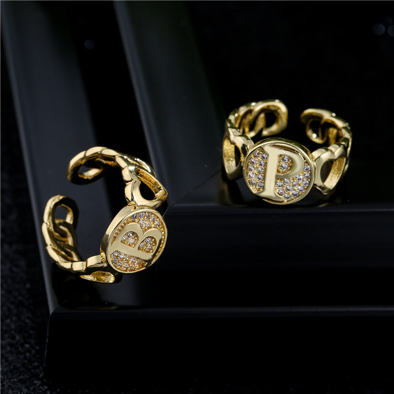 18K Gold Plated Brass Micro-Paved Cubic Zirconia Heart Letter Cuban Link Chain Open Ring for Women