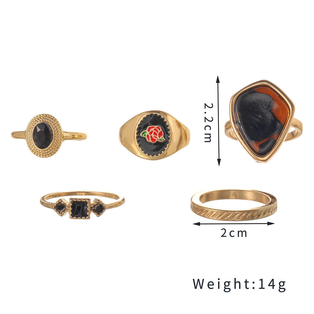 Sweet Geometric Leopard Print Floral Drip Oil Acrylic Alloy Ring Set