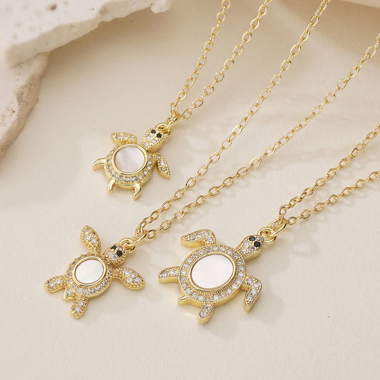 Minimalist 18K Gold Plated Brass Micro-inlay Cubic Zirconia White Shell Turtle Pendant Necklace for Women