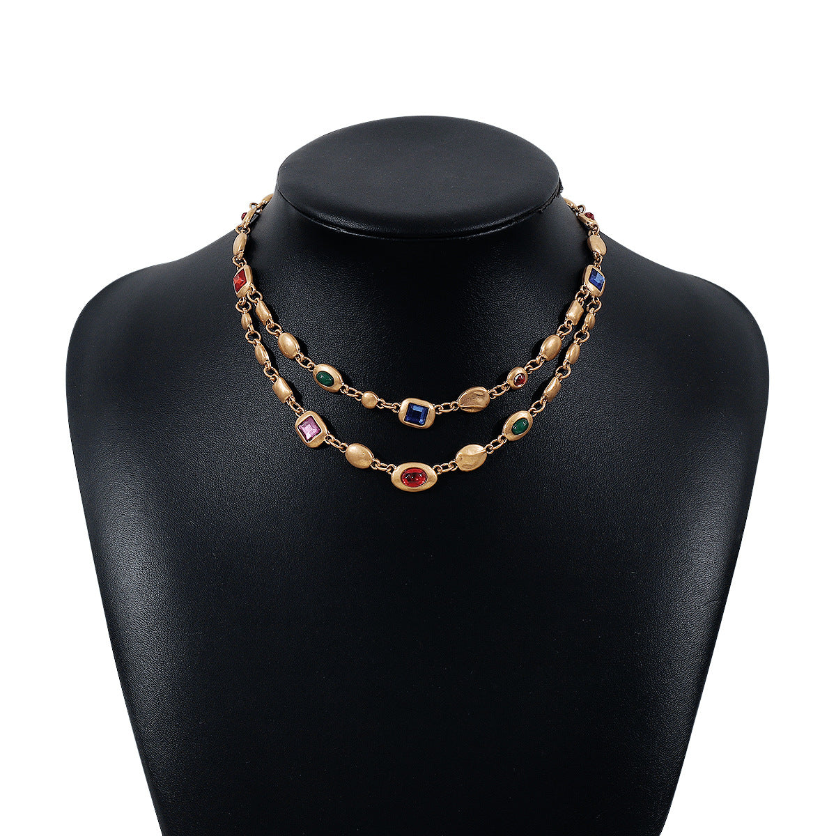 Collar de Doble Capa Geométrico de Inspiración Vintage para Mujer con Base de Aleación e Incrustaciones de Pedrería, Acabado Galvanizado, Cadena Delicada con Medallón