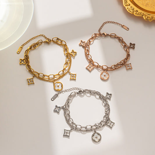 Bracciale minimalista in acciaio al titanio a forma di trifoglio con finitura placcata da donna