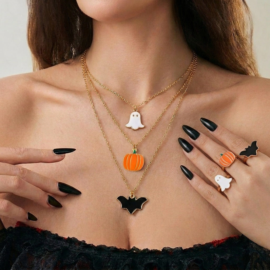 Gothic Cartoon Alloy Plated Necklace with Bat Pumpkin Ghost Charms for Women Halloween Party