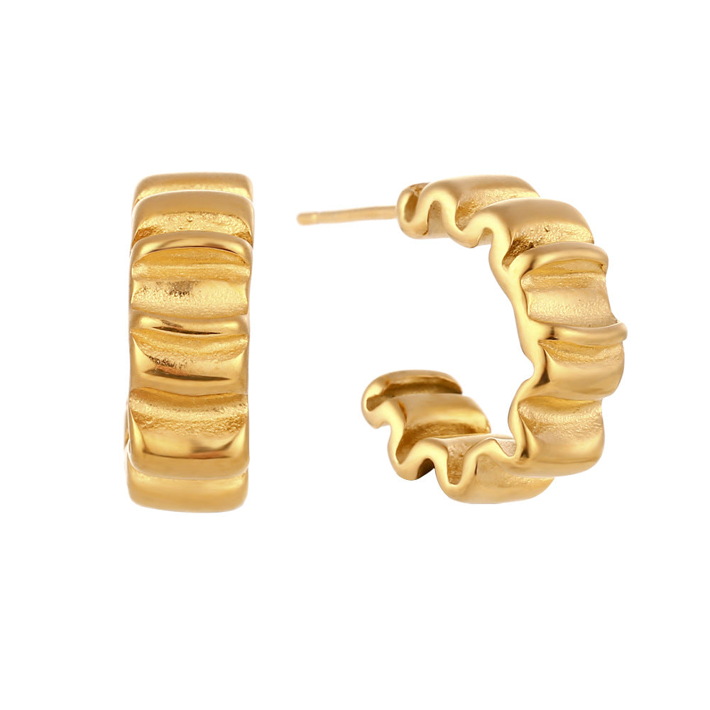 Minimalist Geometric Stainless Steel Plated 18K Gold Folded Flower C-Shaped Earrings for Women