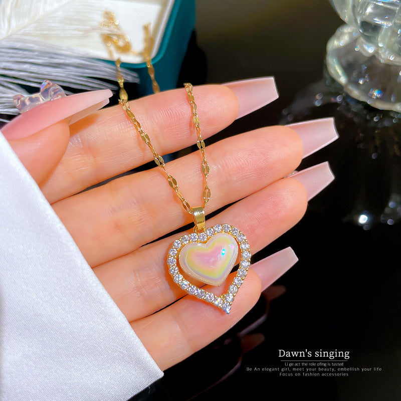 Luxury Titanium Steel Micro-Paved Zircon Heart Necklace with Geometric Design for Women, Adjustable Chain up to 50cm