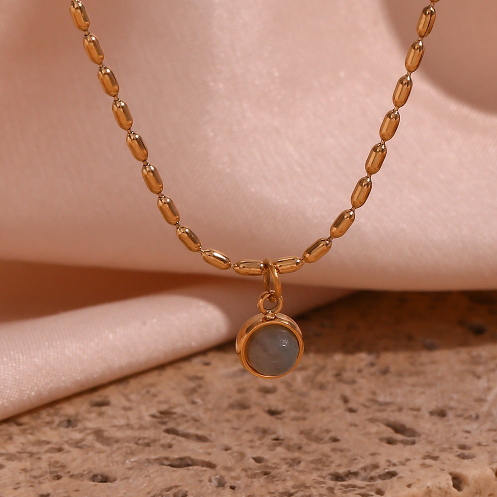 Minimalist Geometric Pendant Necklace in Stainless Steel with 18K Gold Plating and Natural Stone Accent for Women