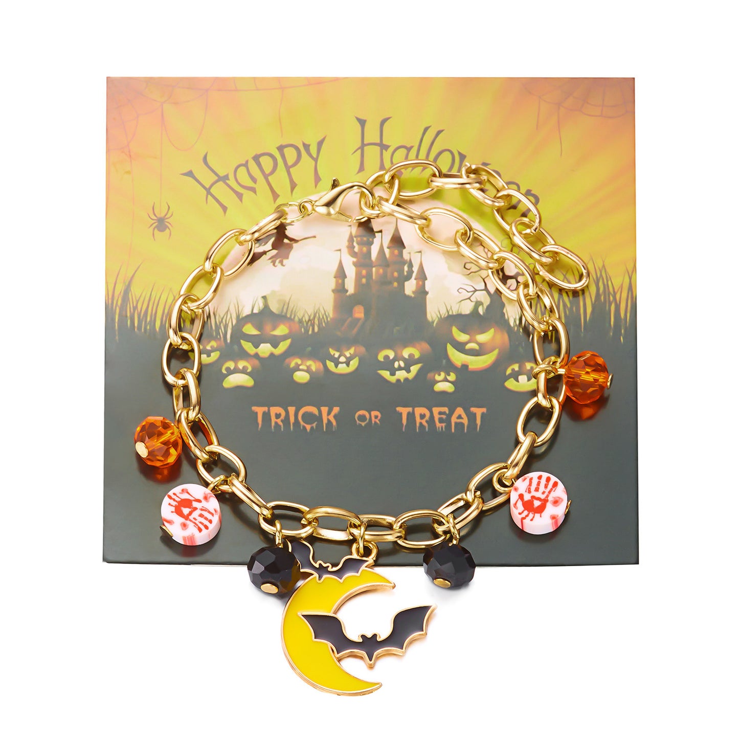 Pulsera de aleación con esqueleto, fantasma y calabaza de Halloween "Sweet-Edgy" con detalles de diamantes de imitación y acabado chapado