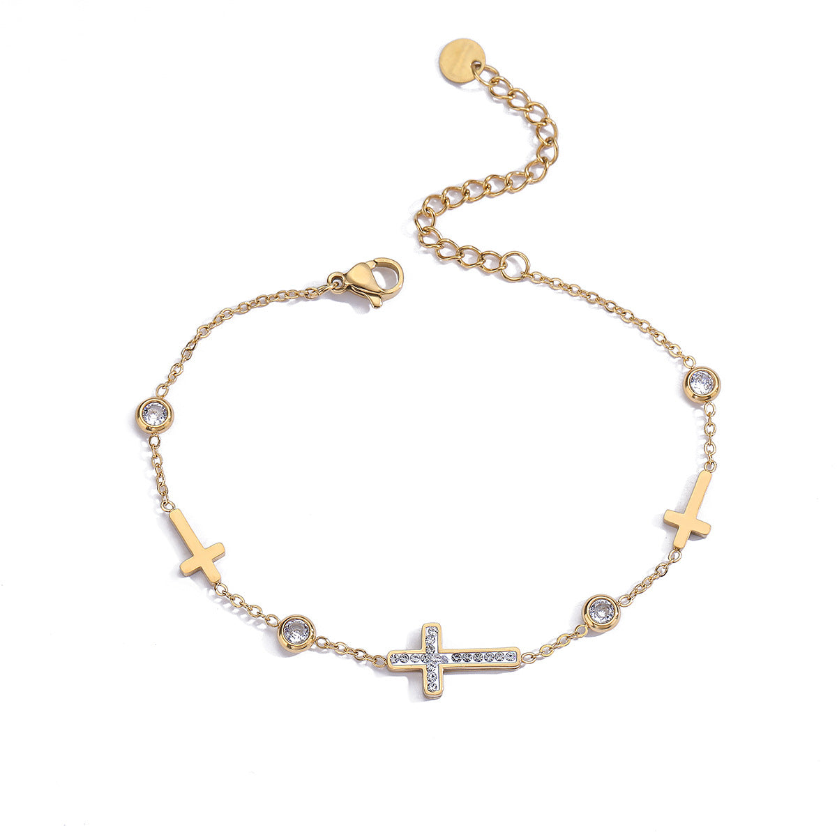 Minimalist Cross Pendant Stainless Steel Bracelet for Women with Gold Plating and Zircon Inlay
