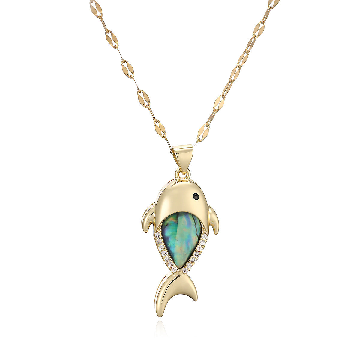Minimalist 18K Gold Plated Brass Geometric Fish Pendant Necklace with Cubic Zirconia for Women