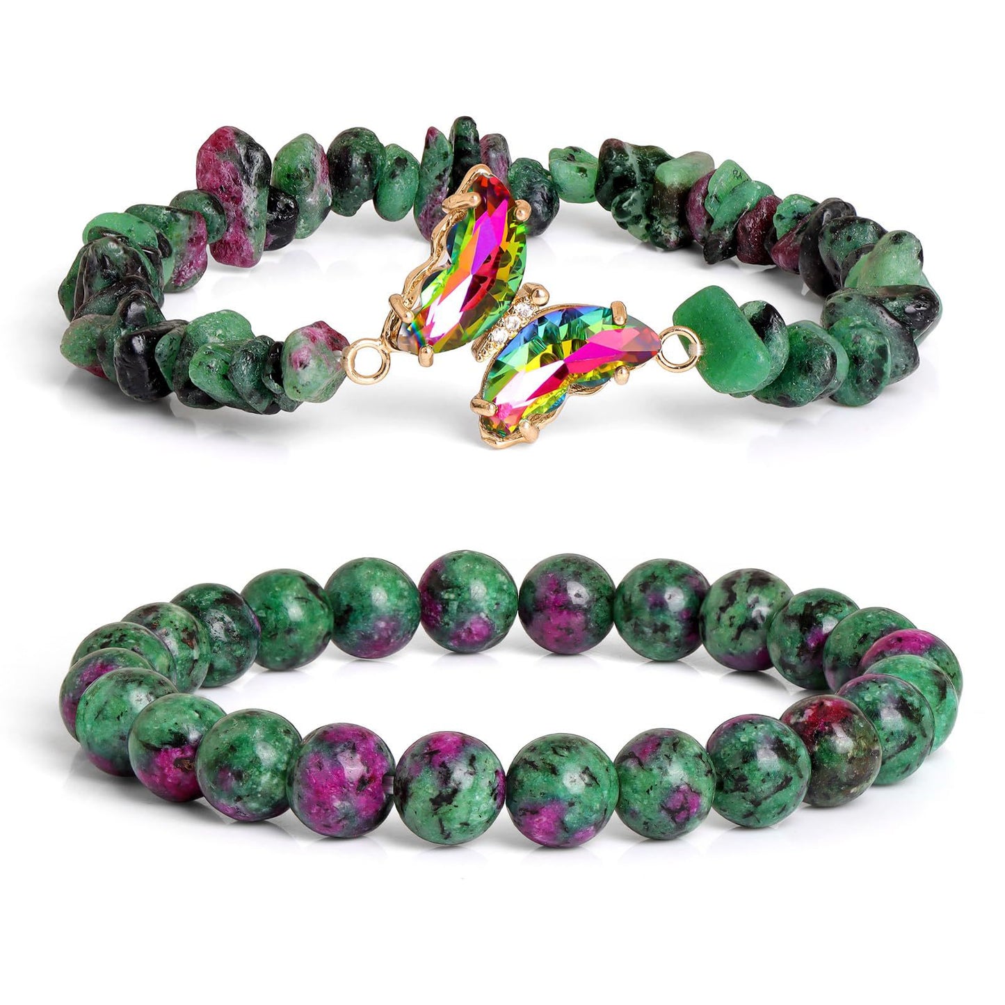 Minimalist Natural Amethyst and White Cat's Eye Crystal Chip Beaded Bracelet with Butterfly Charm for Women