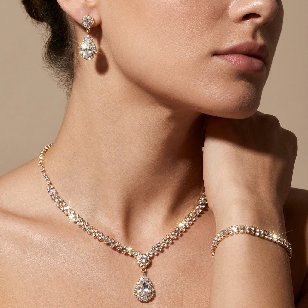 Vintage Floral Teardrop Plated Brass Necklace and Earring Set for Women