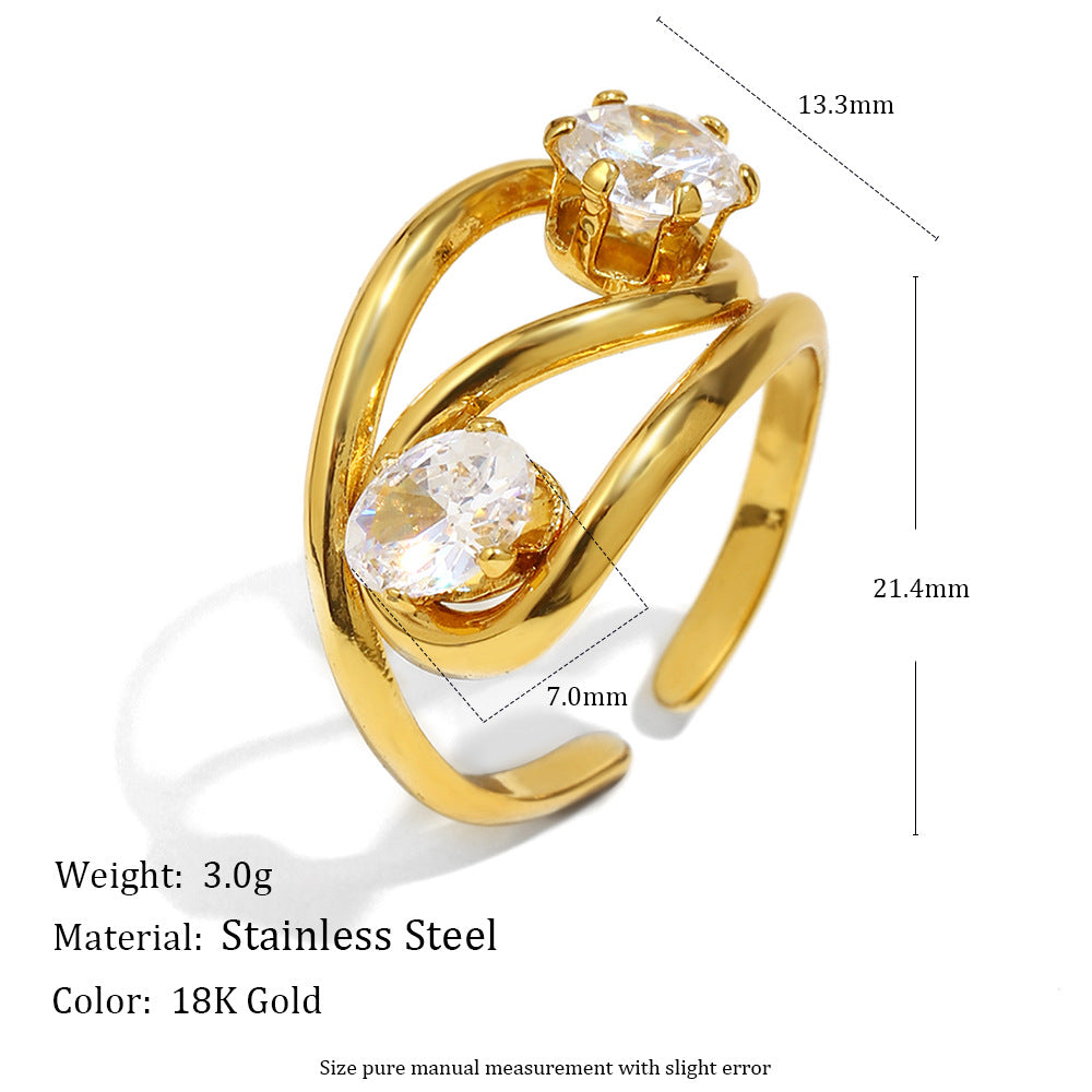 Anillo Minimalista Geométrico de Acero Inoxidable con Baño de Oro de 18K y Detalles Florales en Espiral de Circonita para Mujer