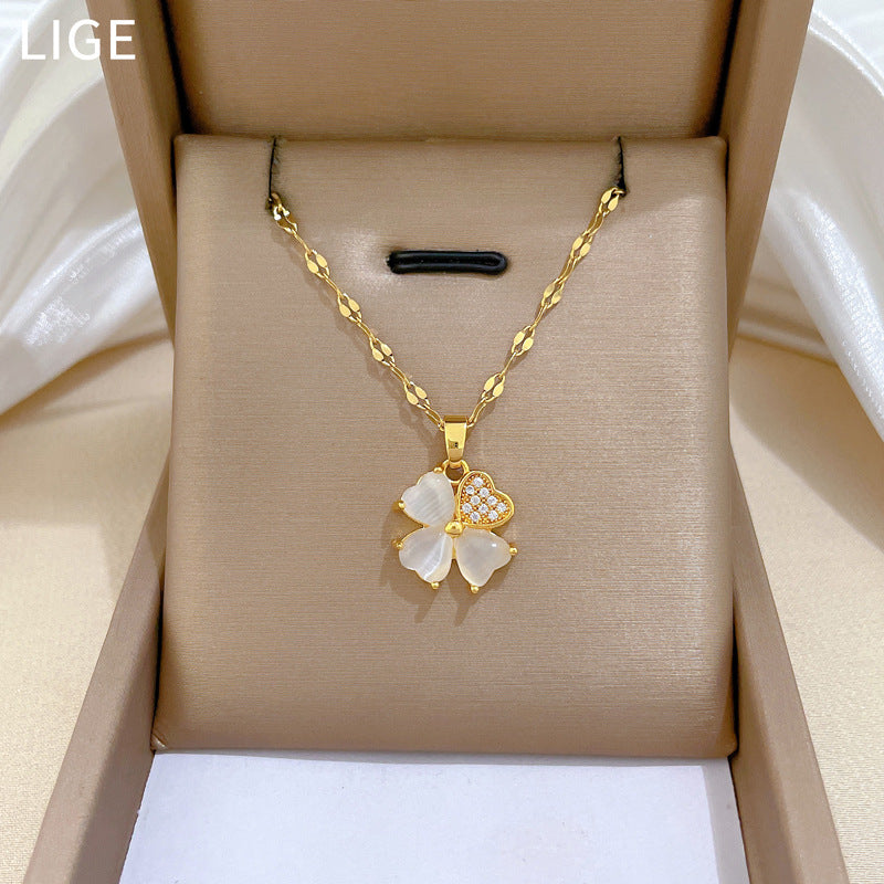 Minimalist Sweet Geometric Gold Plated Cubic Zirconia Inlay Titanium Steel Necklace for Unisex