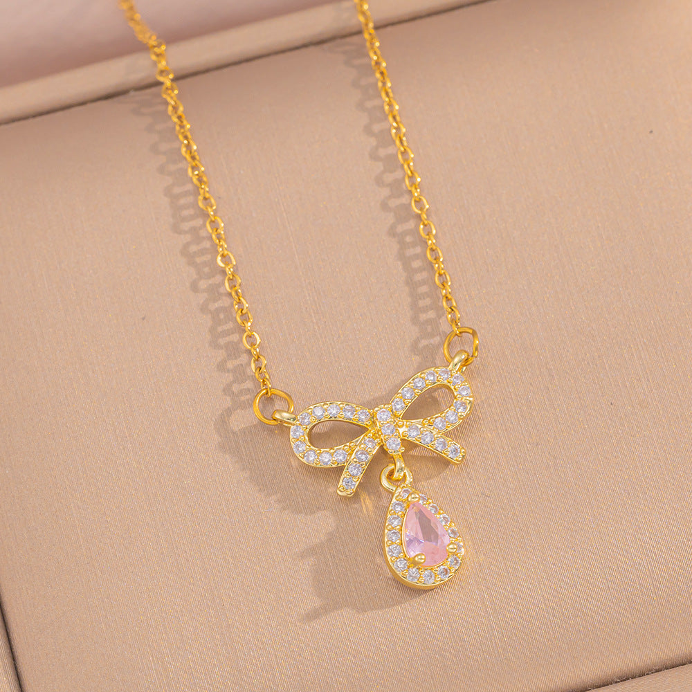 Sweet Bow Heart Pendant Necklace Set with Zircon Inlay in Titanium Steel with O-Chain for Women