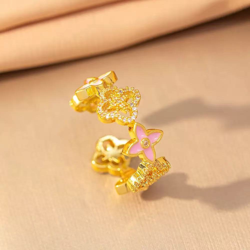 Anillo ajustable de cobre galvanizado con trébol de cuatro hojas microincrustado, lujoso, estilo vintage, para mujer
