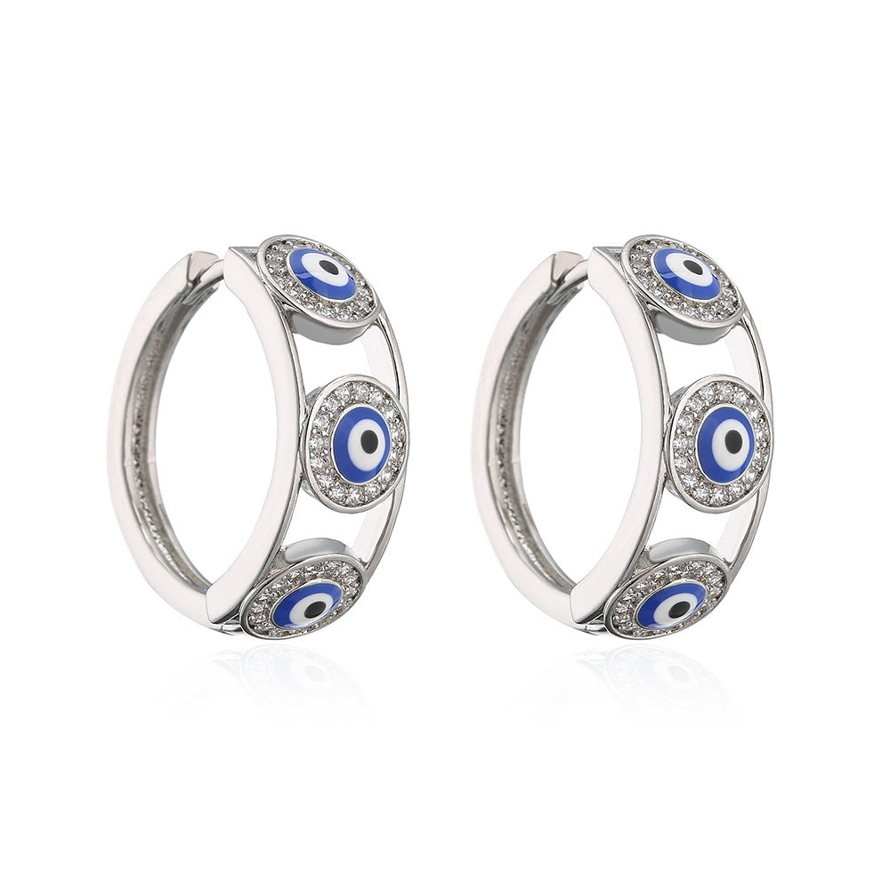 Vintage Style Geometric Copper Ear Cuffs with White Gold Plating and Micro-Paved Zirconia Evil Eye Design