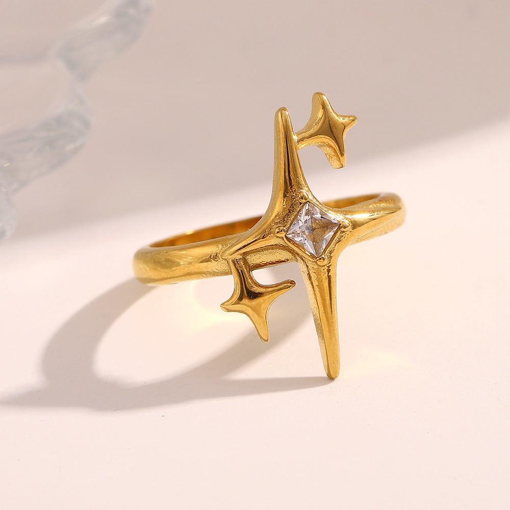Minimalist Geometric Stainless Steel Ring with 18K Gold Plating and Star-Shaped Cubic Zirconia for Women