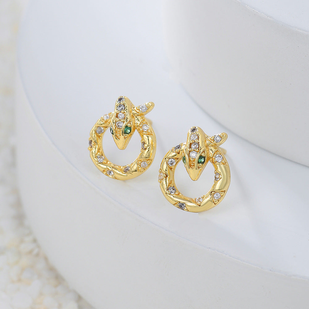 Minimalist Geometric Gold Plated Brass Stud Earrings with Micro-set Cubic Zirconia Smile Face