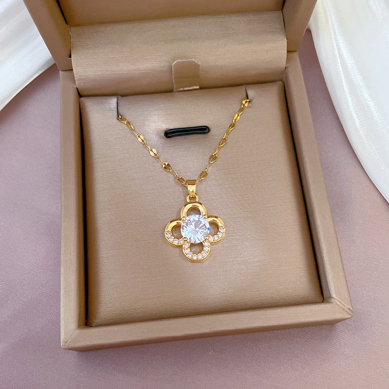 Minimalist Sweet Geometric Titanium Steel Gold Plated Cubic Zirconia Inlay Necklace