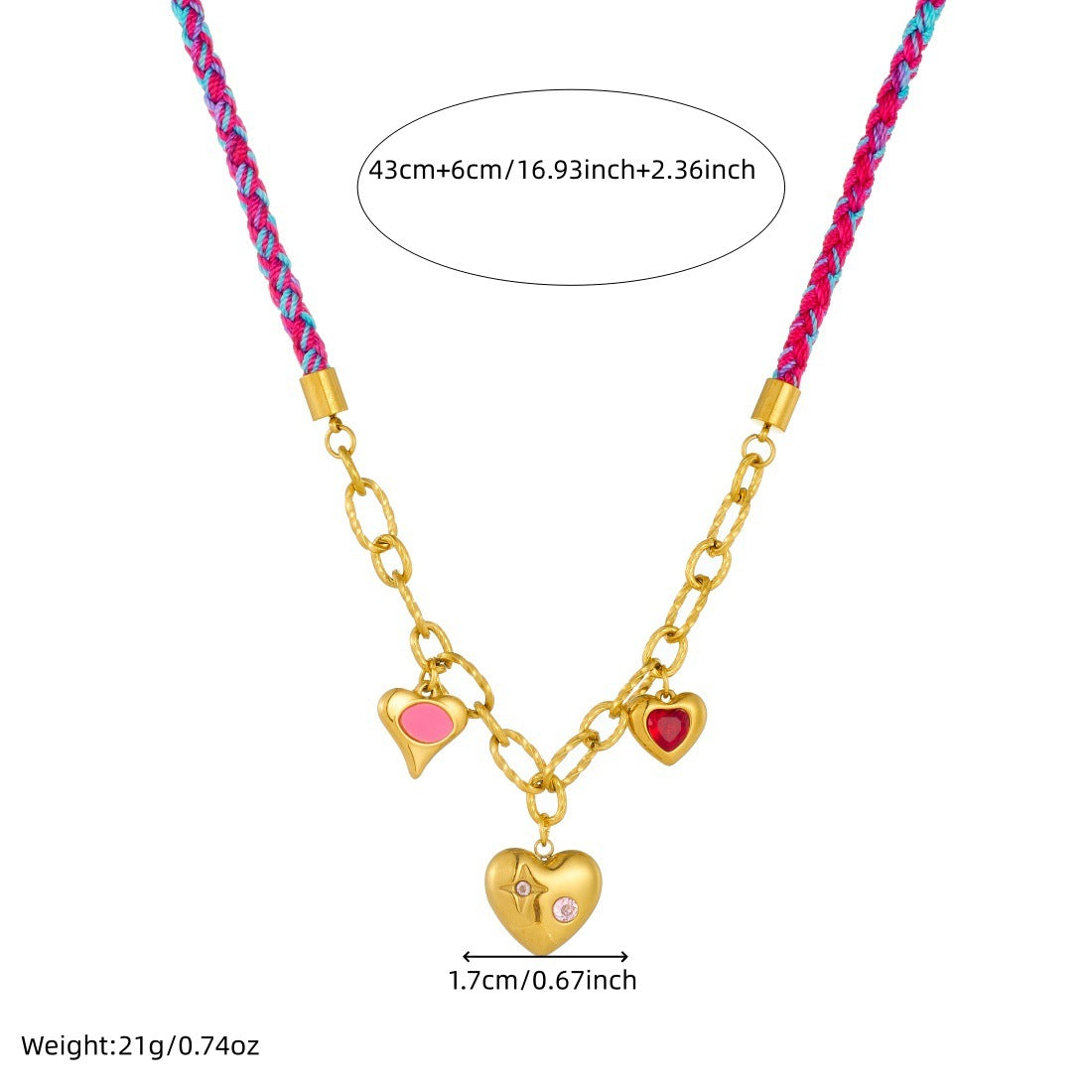 Sweet Streetwear Gradient Heart Rhinestone Gold Plated Stainless Steel Hand-woven Rope Chain Necklace for Women