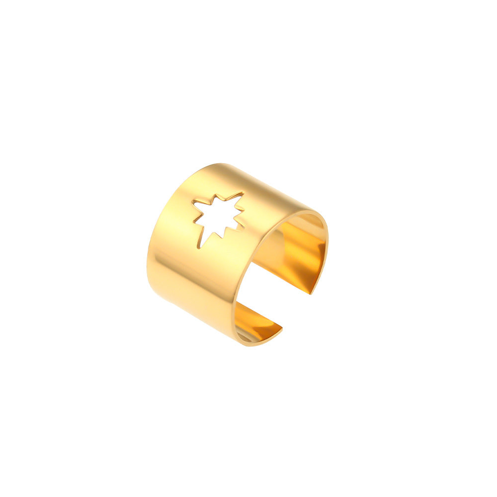 Minimalist Adjustable Butterfly and Crescent Moon Ring for Women in Electroplated 18K Stainless Steel with Hollow-Out Geometric Design