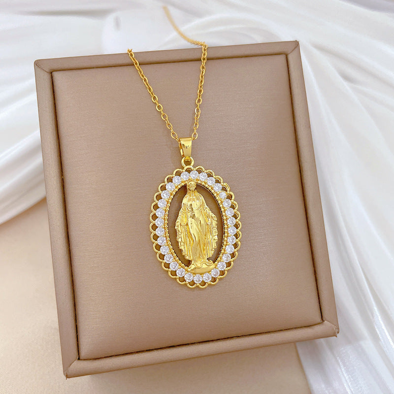 Elegant Hollow Egg-Shaped Portrait Pendant Necklace for Women in Titanium Steel with Full Rhinestone Accents