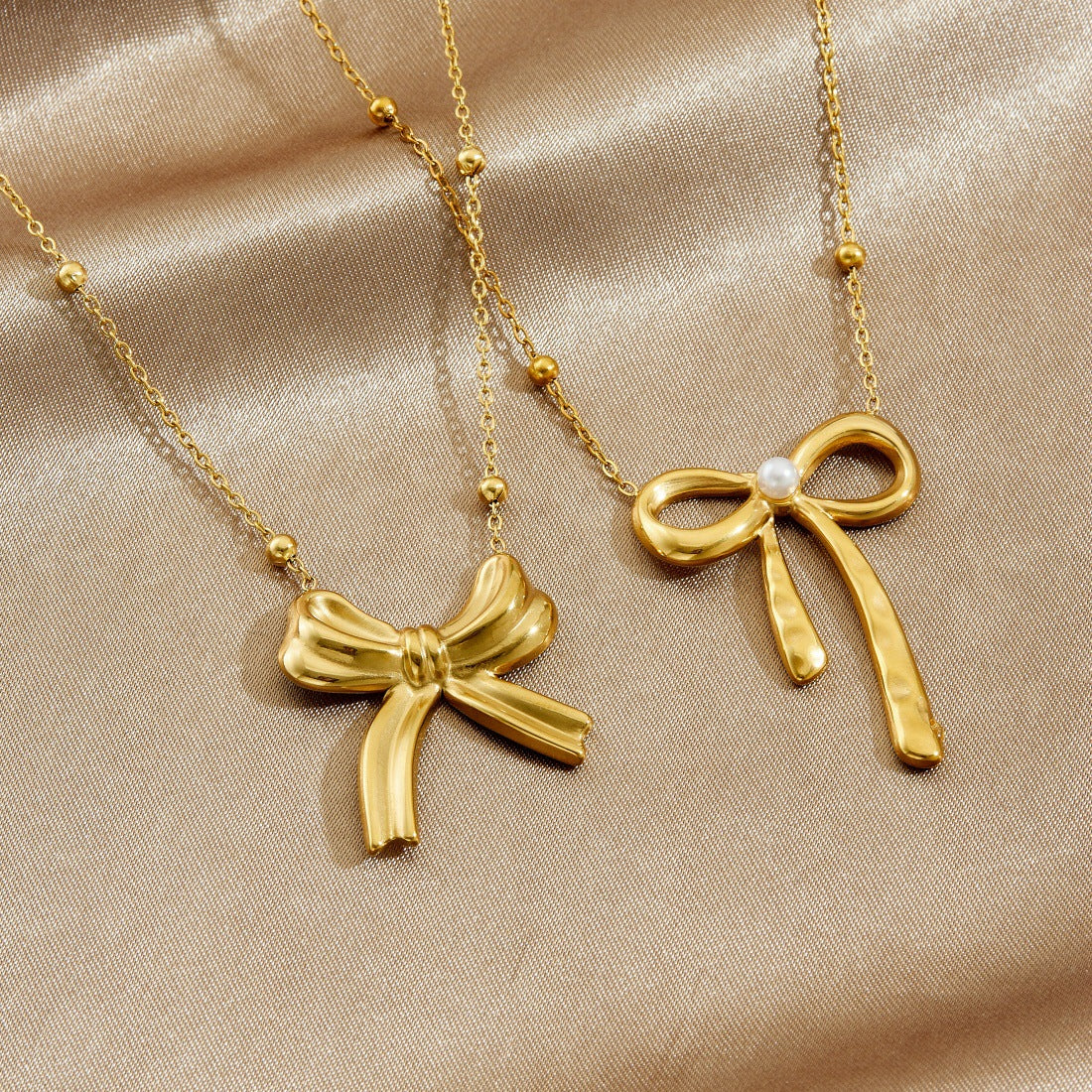 Irregular Bow Knot Heart Pendant Plated Stainless Steel Necklace with Chain Tassel for Women
