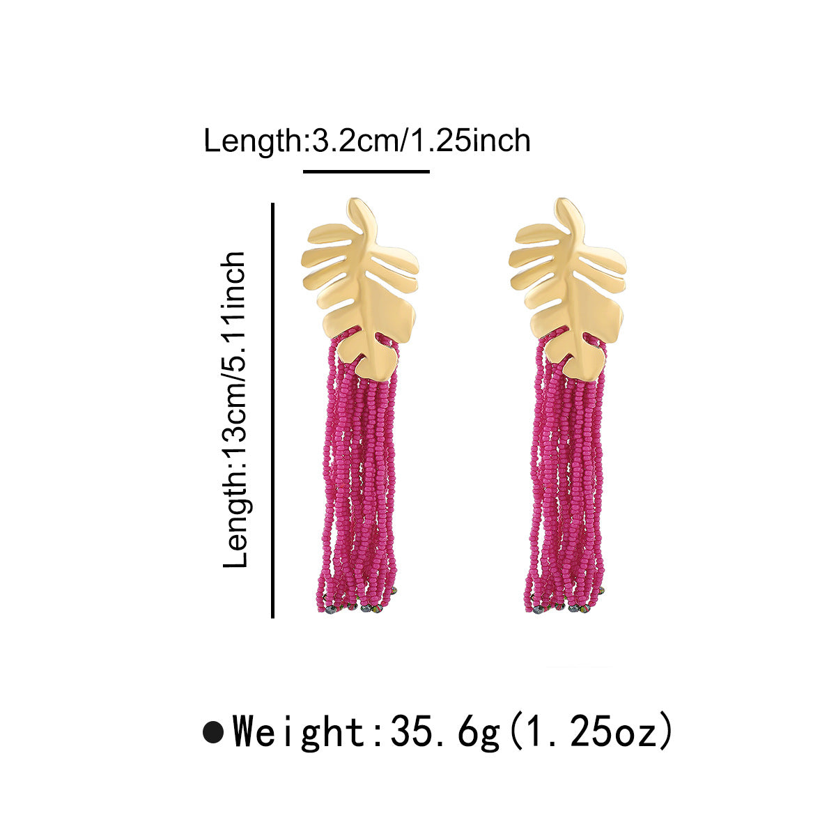 Bohemian Style Hand-Strung Beaded Tassel Long Leaf-Shaped Alloy Earrings for Women