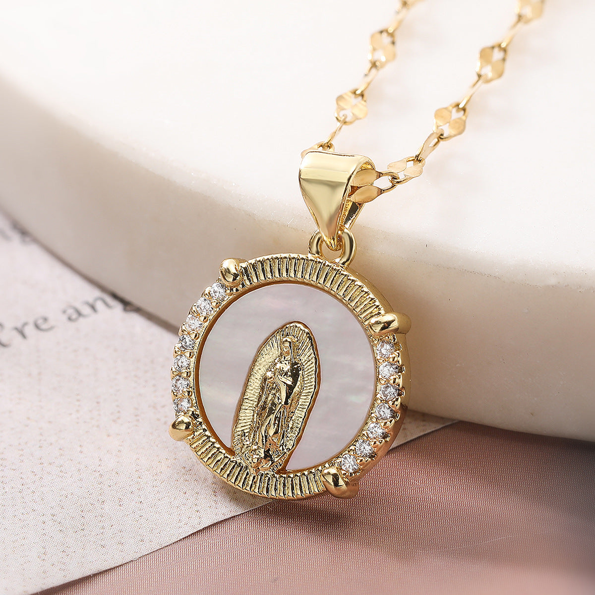 Vintage Minimalist Brass Gold Plated Geometric Virgin Mary Pendant with Cubic Zirconia