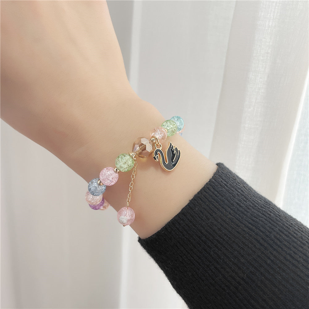 Sweet Natural Round Glass Beaded Bracelet with Drip Oil Starfish Shell Swan Charms and Crackle Texture