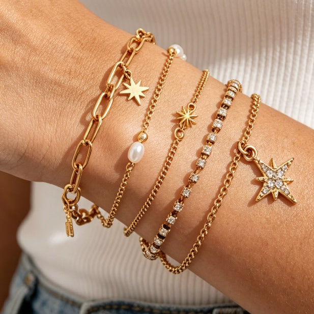 Sweet Eight-Pointed Star Rhinestone Pearl Plated Zinc Alloy Bracelet for Women