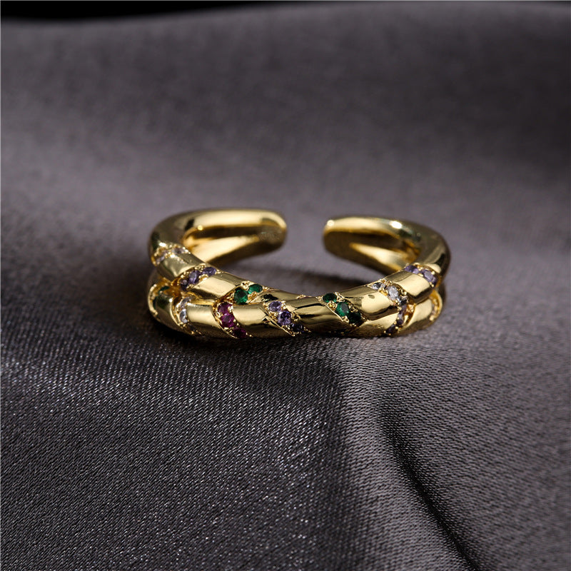 Geometric Brass Ring with Micro-Inlaid Cubic Zirconia and Gold Plated Finish for Women