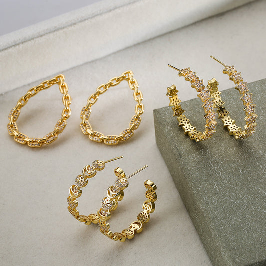 Minimalist Geometric Star and Moon Earrings for Women in Copper with 18K Gold Plating and Zircon Inlay
