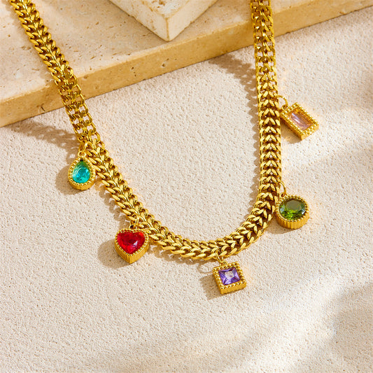 Fashionable Minimalist Heart-Shaped Rhinestone-Embellished Gold-Plated Stainless Steel Choker Necklace with Snake Chain for Women