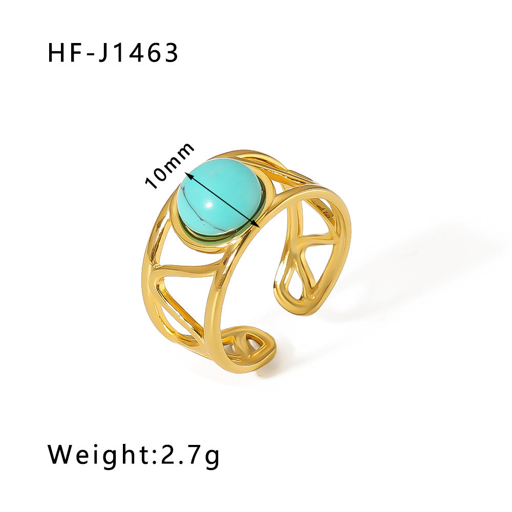 Vintage Geometric Round Emerald Green Natural Stone Stainless Steel Ring with 18K Gold Plating
