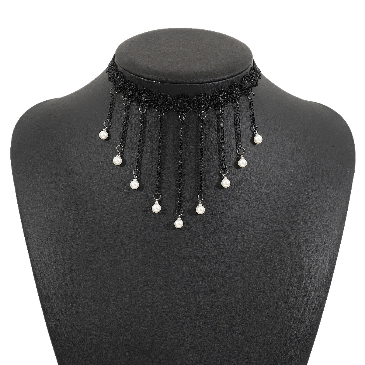 Gargantilla de encaje vintage oscuro con colgante de perla de imitación y detalles de flecos para mujer