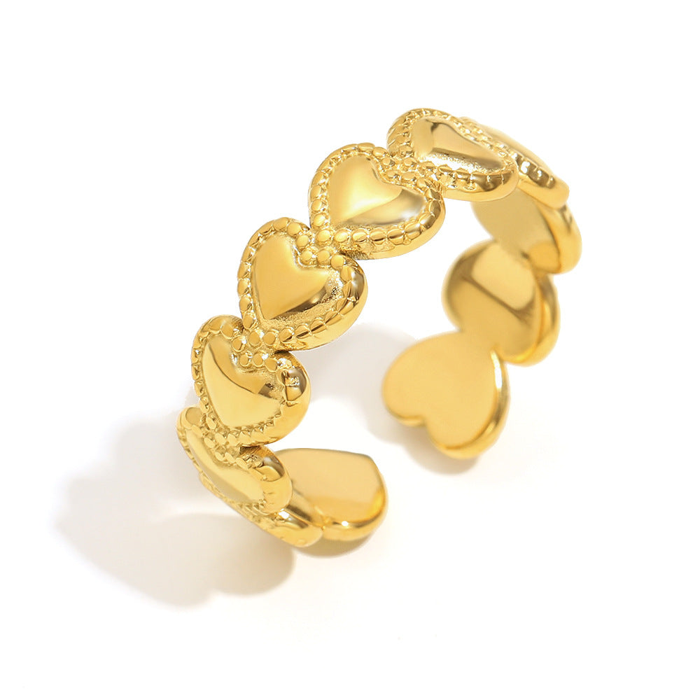 Anello Minimalista a Cuore in Acciaio Inox con Bordo Perlato Placcato Oro 18K da Donna