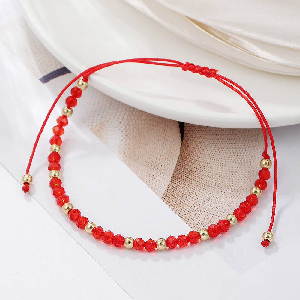 Fashion Geometric Glass Bead Handmade Bracelet with Red Cord and Gold Beads for Unisex